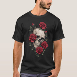 ヴィンテージ スカルと赤いバラのネオトラディショナルタトゥー Tシャツ