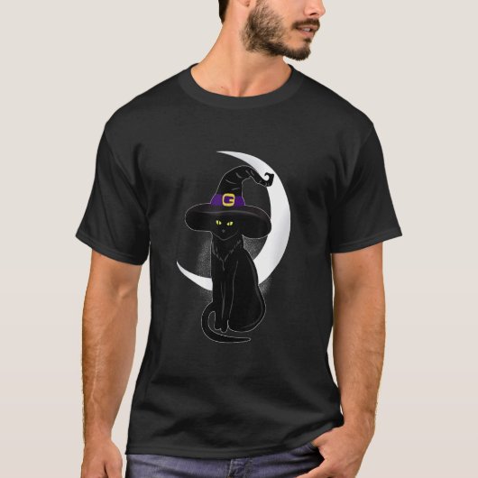 ヴィンテージ スケアリー ハロウィン 黒猫 月 魔法使い 帽子 C Tシャツ (正面)