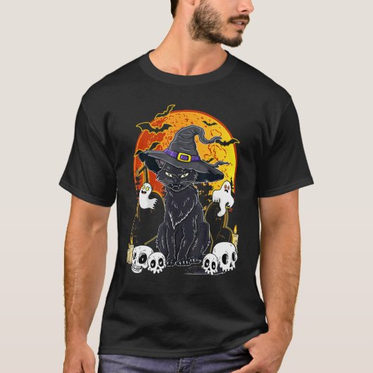 ヴィンテージ スケアリー ハロウィン 黒猫 魔女 帽子 Tシャツ (正面)