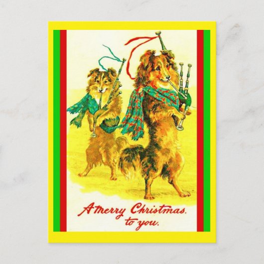 ヴィンテージ・スコティッシュ・コリーズ、バグパイプ・メリー・クリスマス ポストカード (正面)
