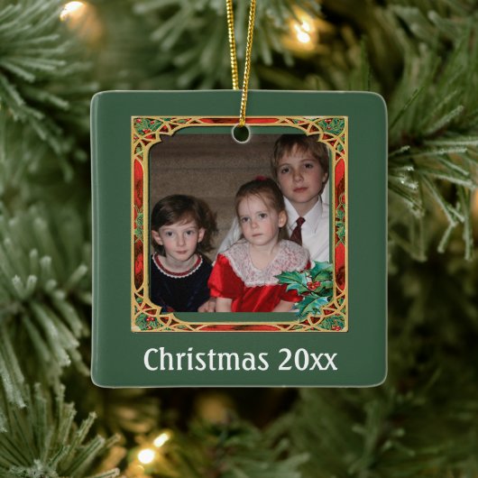 ヴィンテージ ステンドグラス フォト フレーム 赤 緑 投げ縄  セラミックオーナメント (ツリー)