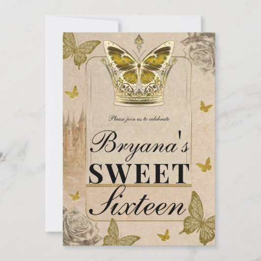 ヴィンテージ ストーリーブック 城 ゴールド バタフライ スウィート16 招待状 (正面)