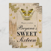 ヴィンテージ ストーリーブック 城 ゴールド バタフライ スウィート16 招待状 (正面/裏面)