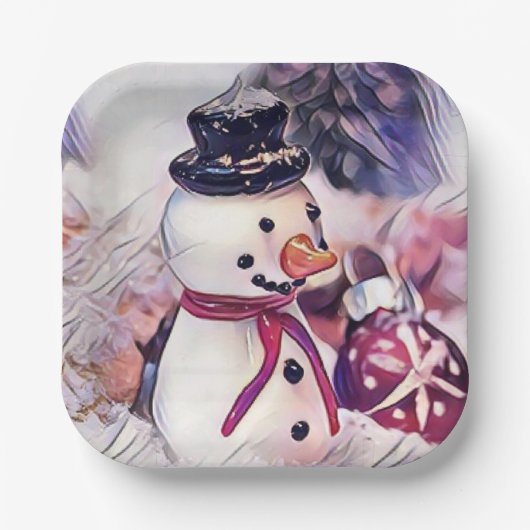 ヴィンテージ スノーマンの雪の中のドローイング ペーパープレート (正面)