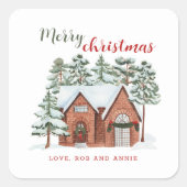 ヴィンテージ スノー コテージ カスタム メリー クリスマス スクエアシール (正面)
