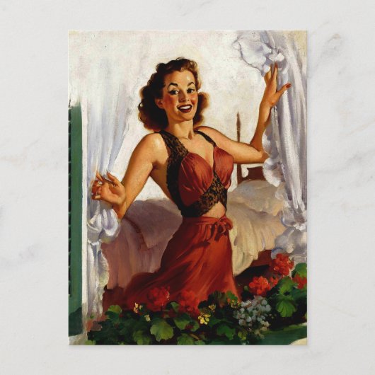 ヴィンテージ・スプリング・モーニング・ピンアップ・ガール ポストカード (正面)