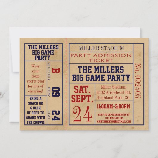 ヴィンテージ スポーツ チケット ご招待 - フットボール パーティー 招待状 (正面)