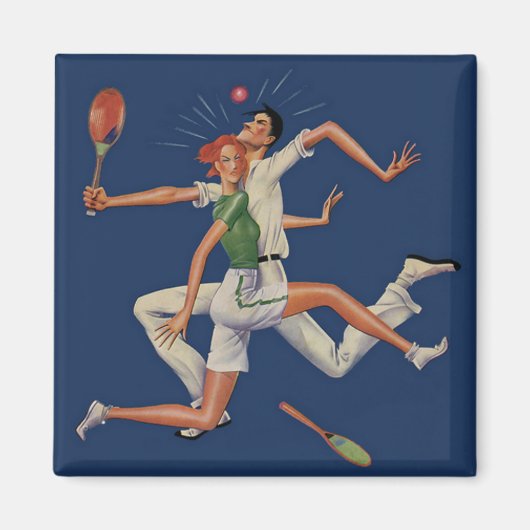 ヴィンテージ スポーツ、ラケットを持つテニスプレーヤーが衝突 マグネット (正面)