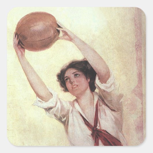 ヴィンテージ スポーツ 女性 バスケットボール選手とボール スクエアシール (正面)