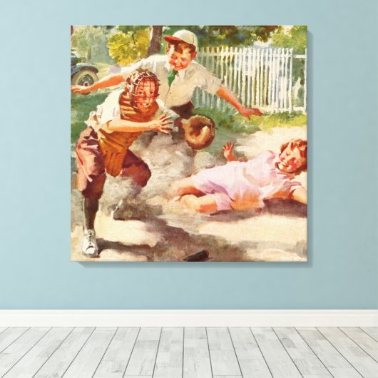 ヴィンテージ スポーツ, 子どもたちがステックボールベースボールを遊ぶ キャンバスプリント (インサイチュ (ウッドフロア))