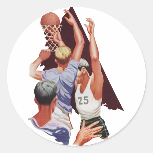 ヴィンテージ スポーツ、試合中のバスケットボール選手 ラウンドシール (正面)