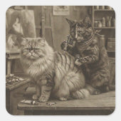 ヴィンテージ セピア 猫 タトゥーアーティスト - 面白いヴィクトリア調 スクエアシール (正面)
