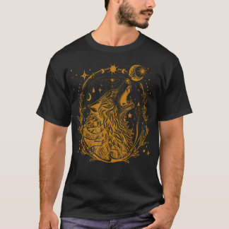 ヴィンテージ セレスティアル ウルフ ハウリング ムーン ウィッチー Tシャツ