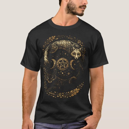 ヴィンテージ セレスティアル 太阳と月の狐 陰陽 Tシャツ (正面)