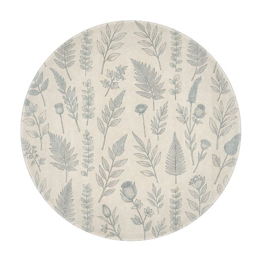 ヴィンテージ セージグリーン シダ 野花 植物画 カッティングボード (正面)