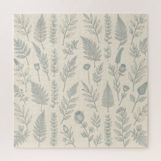 ヴィンテージ セージグリーン シダ 野花 植物画 ジグソーパズル (縦)
