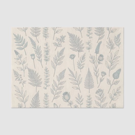 ヴィンテージ セージグリーン シダ 野花 植物画  薄葉紙 (正面)