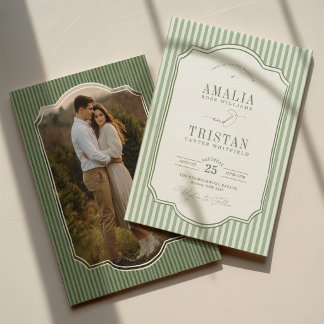 ヴィンテージ・セージグリーン・ストライプの結婚式フォト 招待状