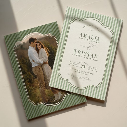 ヴィンテージ・セージグリーン・ストライプの結婚式フォト 招待状