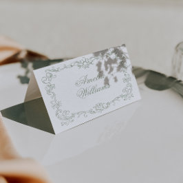ヴィンテージ・セージグリーン・フラワーの結婚式プレイスカード テーブルナンバー
