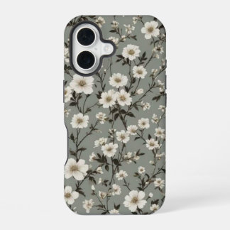 ヴィンテージ・セージグリーン・フラワー柄スマホケース iPhone 16ケース