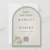 ヴィンテージ・セージグリーン・レースアーチのSave the Date QRコード 招待状 (正面)