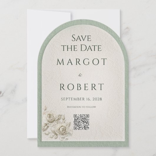 ヴィンテージ・セージグリーン・レースアーチのSave the Date QRコード 招待状 (正面)