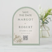 ヴィンテージ・セージグリーン・レースアーチのSave the Date QRコード 招待状 (スタンド正面)