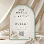 ヴィンテージ・セージグリーン・レースアーチのSave the Date QRコード 招待状
