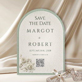 ヴィンテージ・セージグリーン・レースアーチのSave the Date QRコード 招待状