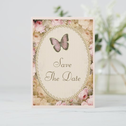 ヴィンテージ　セーブ・ザ・デート　ウェディング　ローズ＆バタフライ 招待状 (スタンド正面)
