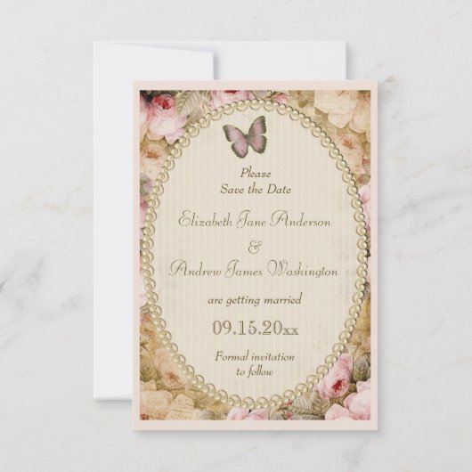 ヴィンテージ セーブ・ザ・デート ウェディング ローズ&バタフライ 招待状 (裏面)