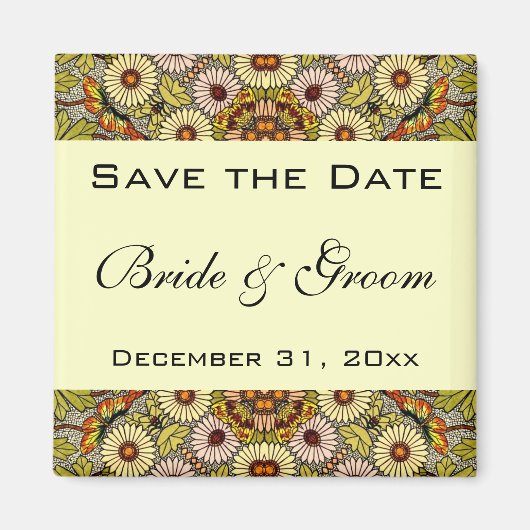 ヴィンテージ・セーブ・ザ・デート・ガーデン・フラワーズ・バタフライ マグネット (正面)