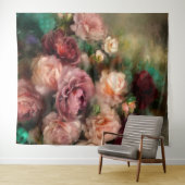 ヴィンテージ ソフト ピンクとバーガンディのローズ ペイント タペストリー (インサイチュ(横))
