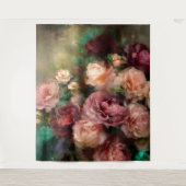 ヴィンテージ ソフト ピンクとバーガンディのローズ ペイント タペストリー (正面)