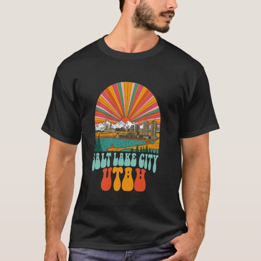 ヴィンテージ ソルトレイクシティ ユタ州 夕日 シルエット Tシャツ (正面)