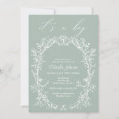 ヴィンテージ タイムレス フラワリー グリーン ボーイ ベイビー シャワー 招待状 (正面)