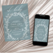 ヴィンテージ タイムレス フラワーフレーム ブルー ベビーシャワー 招待状