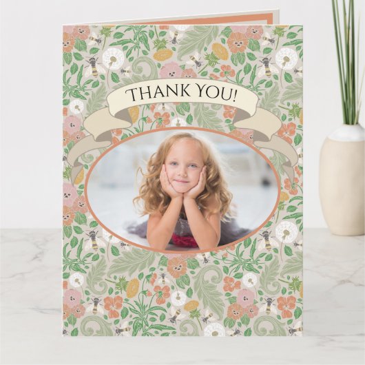 ヴィンテージ タンポポ パンジー 忙しい蜂 春の写真 サンキューカード (正面)