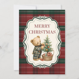 ヴィンテージ タータンチェックのクリスマスカード テディベア付き シーズンカード