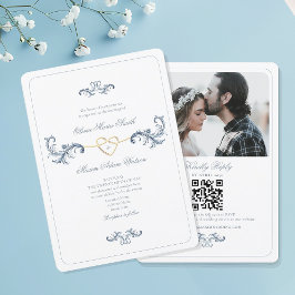 ヴィンテージ ダスティブルー 写真 ウェディング 招待状 QRコード付き