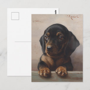 ヴィンテージ・ダックスフンドの子犬の肖像画オイルペイント ポストカード