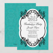 ヴィンテージ ダマスク おしゃれな青い卒業パーティー 招待状 (正面/裏面)