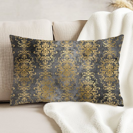 ヴィンテージ ダマスク チャコールグレー ゴールド ディストレスド アクセントクッション