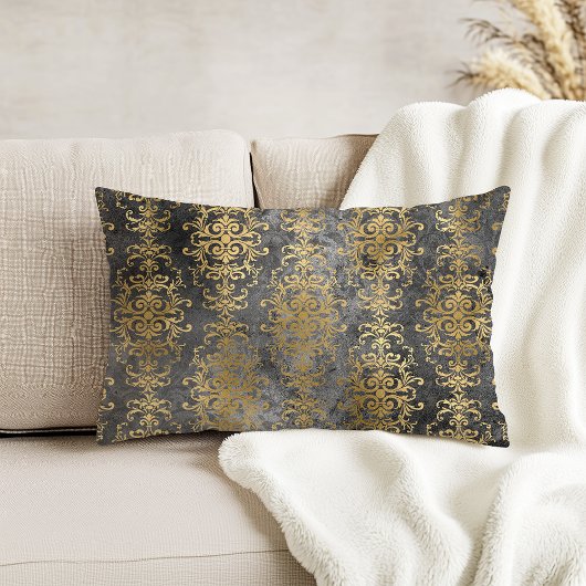 ヴィンテージ ダマスク チャコールグレー ゴールド ディストレスド アクセントクッション