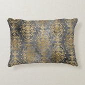 ヴィンテージ ダマスク チャコールグレー ゴールド ディストレスド アクセントクッション (正面)