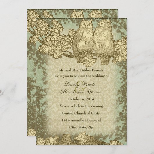 ヴィンテージ·ダマスク·フクロウ夫妻の結婚式招待状 招待状 (正面/裏面)
