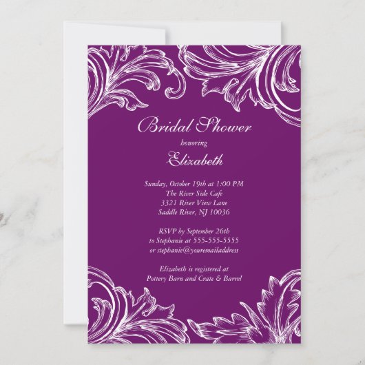 ヴィンテージ ダマスク ブライダルシャワー 招待状 紫 (正面)