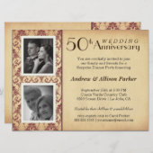 ヴィンテージ ダマスク 記念日 ダブル フォト 招待状 (正面/裏面)