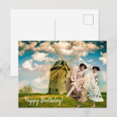 ヴィンテージ ダンシング フラワー ガールズと風車の誕生日 ポストカード (正面/裏面)